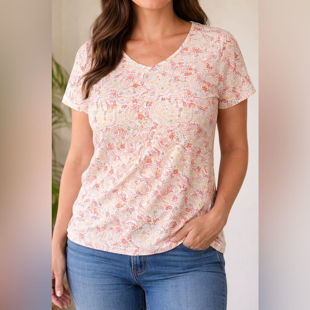 Croft & Barrow Womens XL Floral Paisley 100% Cotton V Neck T Shirt Pink